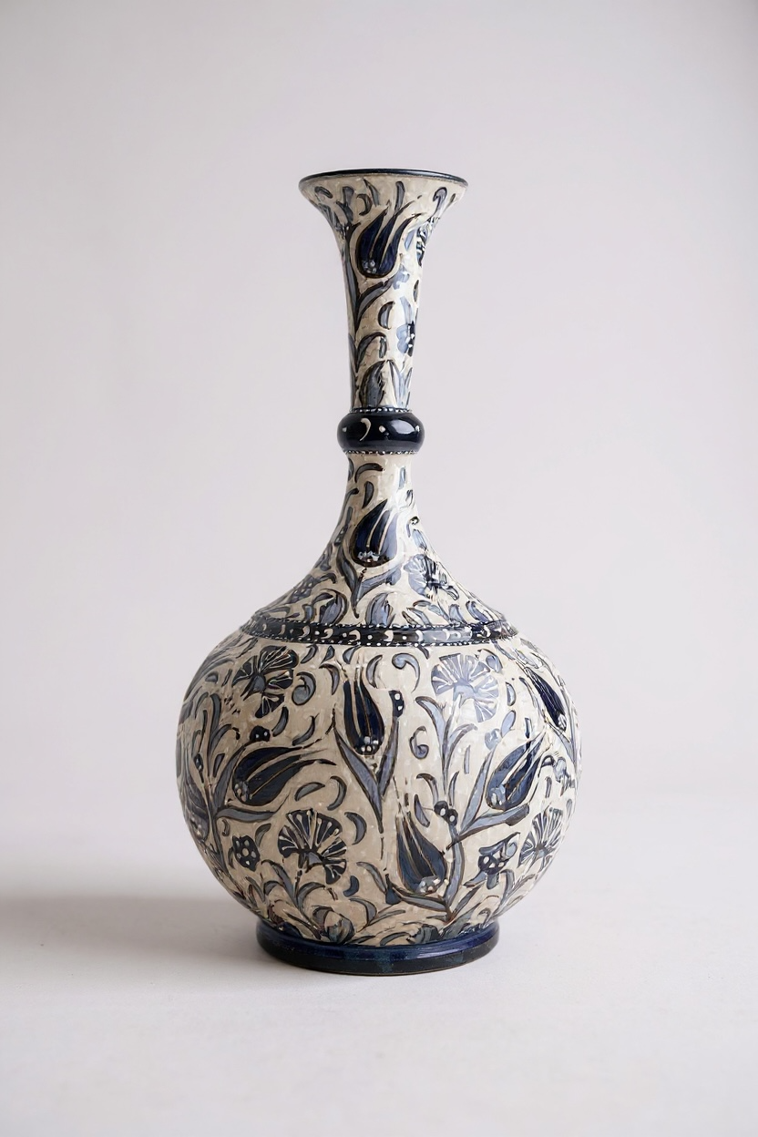 Premium El Yapımı 40Cm Samur İşçiliği Lacivert Beyaz Gözyaşı Çini Vazo