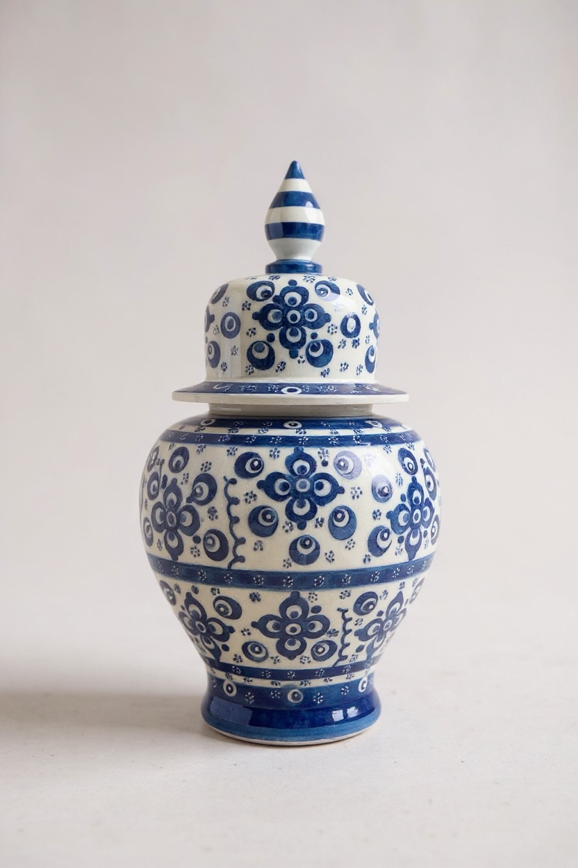 El Yapımı Çark İşi Mavi Beyaz Şah Küp Çini Vazo