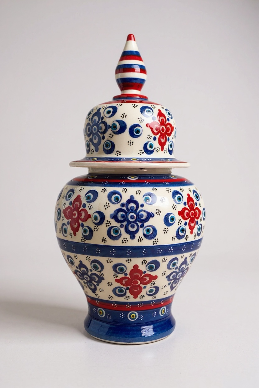 El Yapımı Çark İşi Mavi Kırmızı Şah Küp Çini Vazo