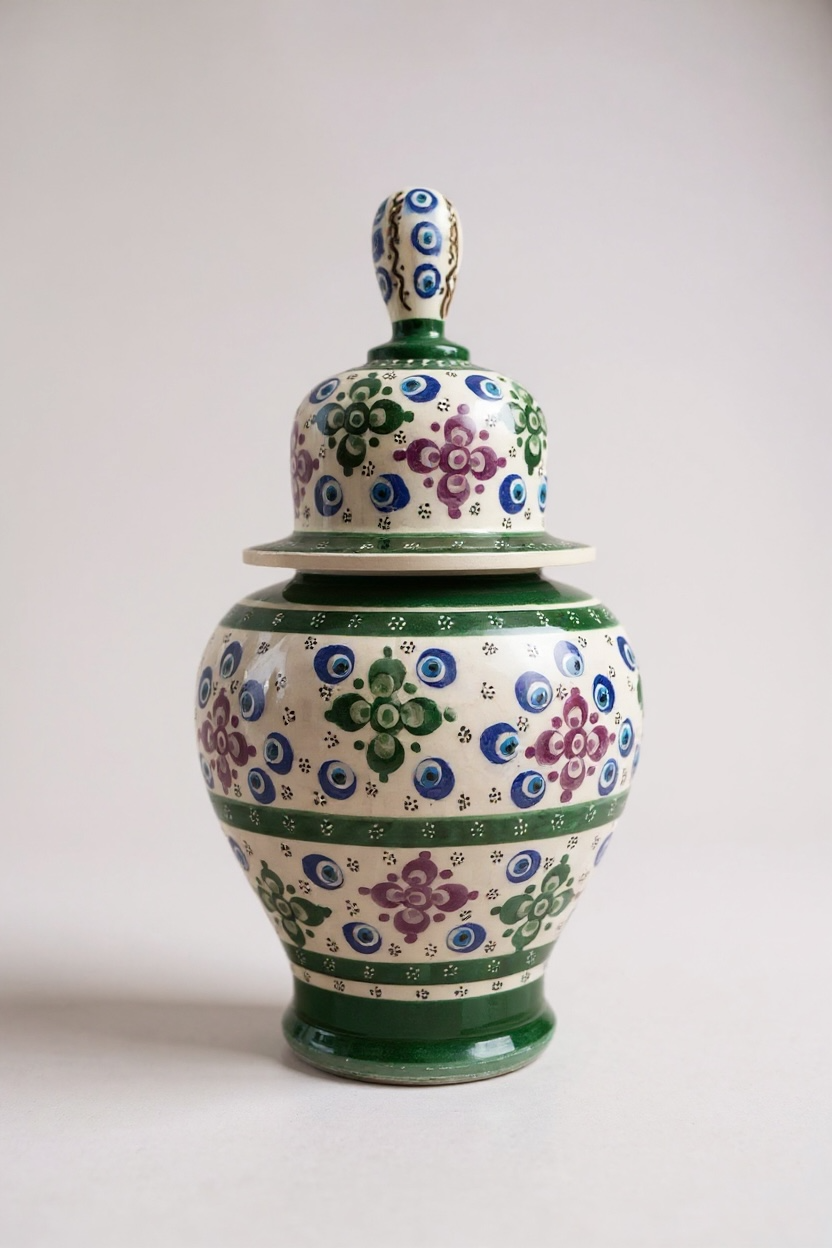 El Yapımı Çark İşi 25Cm Koyu Yeşil Beyaz Şah Küp Çini Vazo