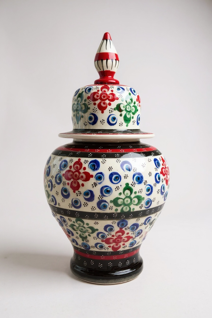 El Yapımı Çark İşi 25Cm Kırmızı Siyah Şah Küp Çini Vazo