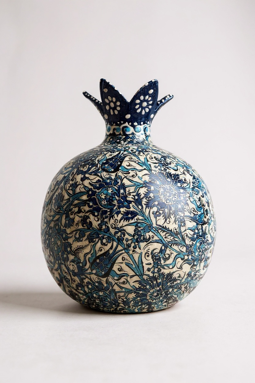 El Emeği 22Cm Lacivert Beyaz Çini Nar Vazo - Yapıştırma Tekniği (L Boy)