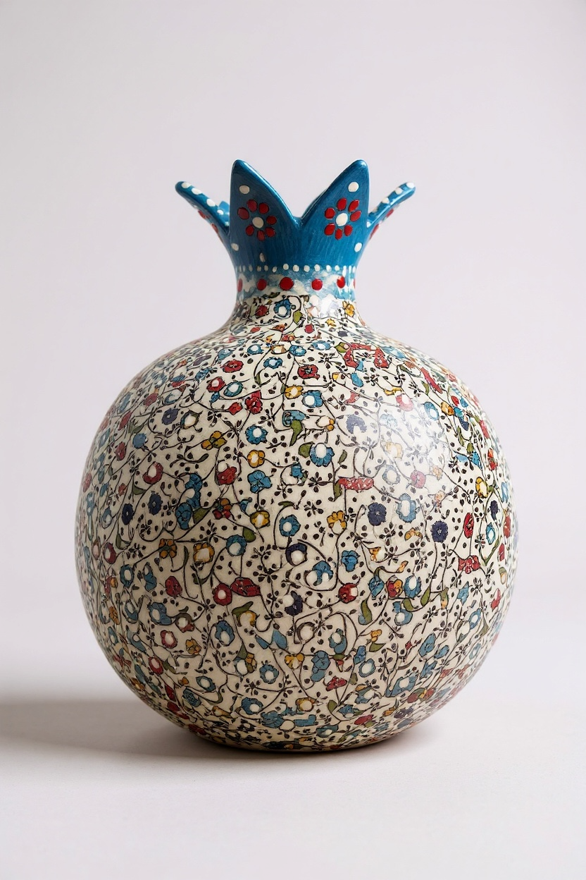 El Emeği 22Cm Mavi Beyaz Çini Nar Vazo - Yapıştırma Tekniği (L Boy)