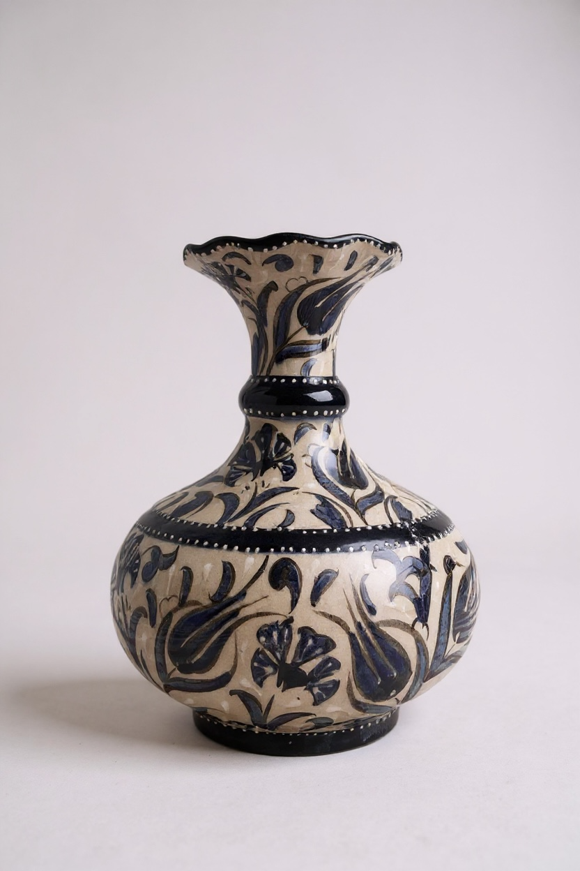 El Yapımı 20Cm Samur İşçiliği Lacivert Beyaz Geniş Çini Vazo