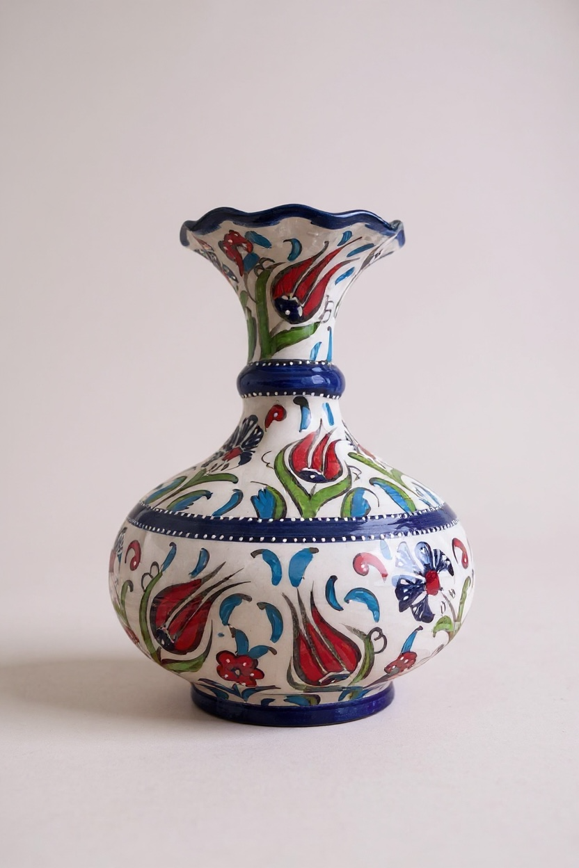 El Yapımı 20Cm Samur İşçiliği Mavi Geniş Çini Vazo