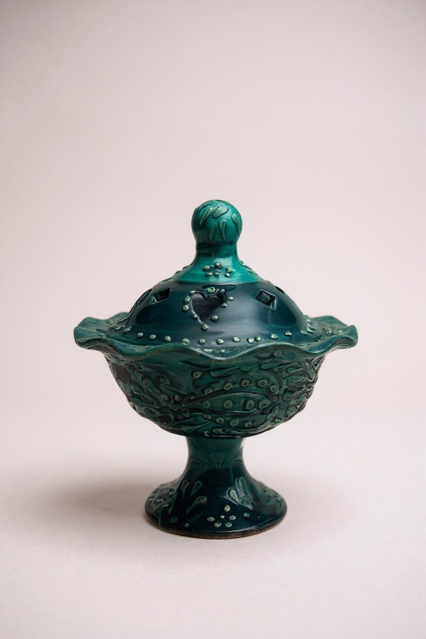 El Yapımı Turkuaz Oyma Model Ayaklı Şekerlik – 15 cm