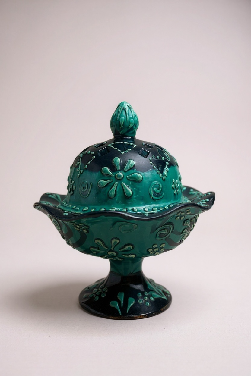 El Yapımı Turkuaz Oymalı Ayaklı Şekerlik - 18Cm