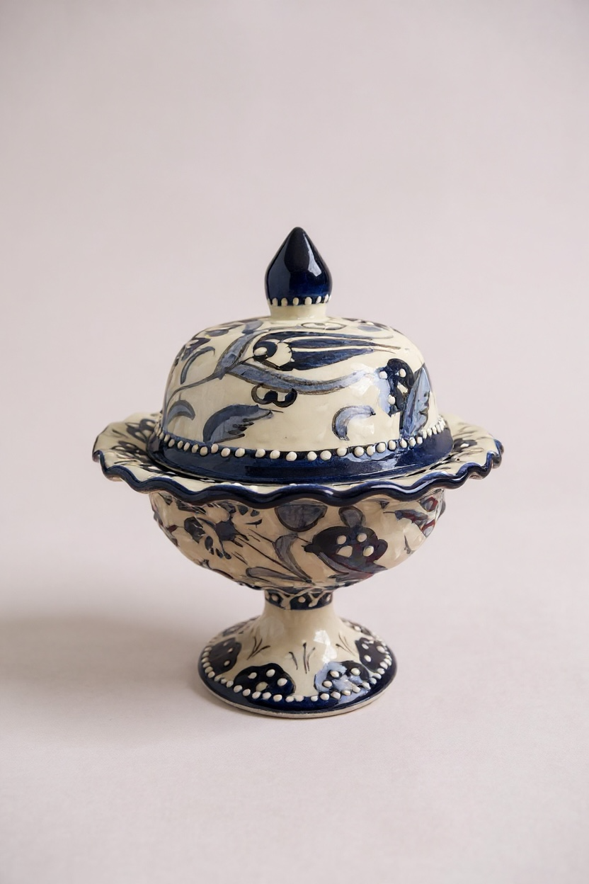 El Yapımı Samur İşçiliği Lacivert Beyaz Büyük Ayaklı Şekerlik - 18Cm