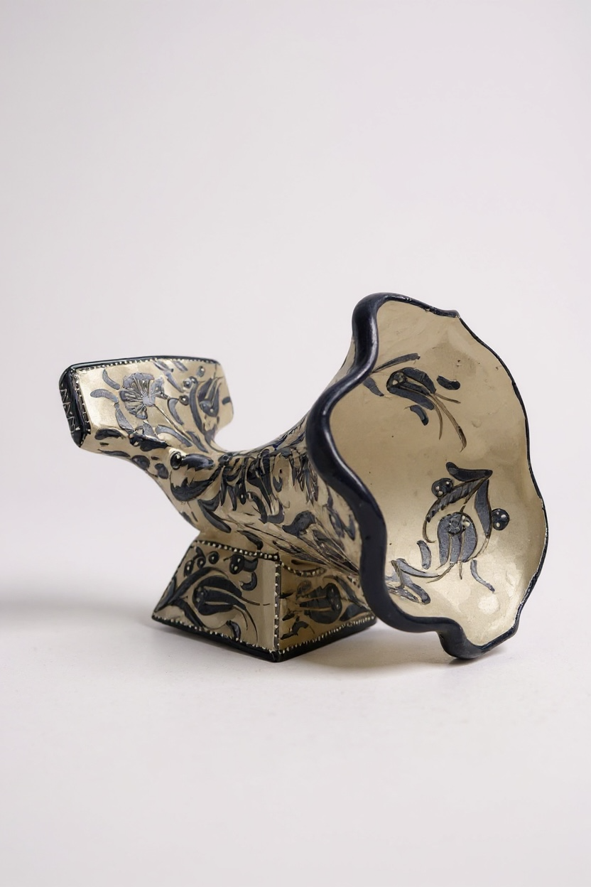 El Yapımı Samur İşçiliği Lacivert Beyaz Çini Gramofon