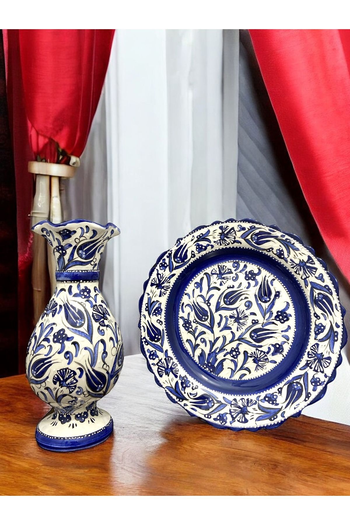 Sümbül Vazo ve Tabak Seti - Kütahya Çini Sanatının İncisi (30 cm El Yapımı)