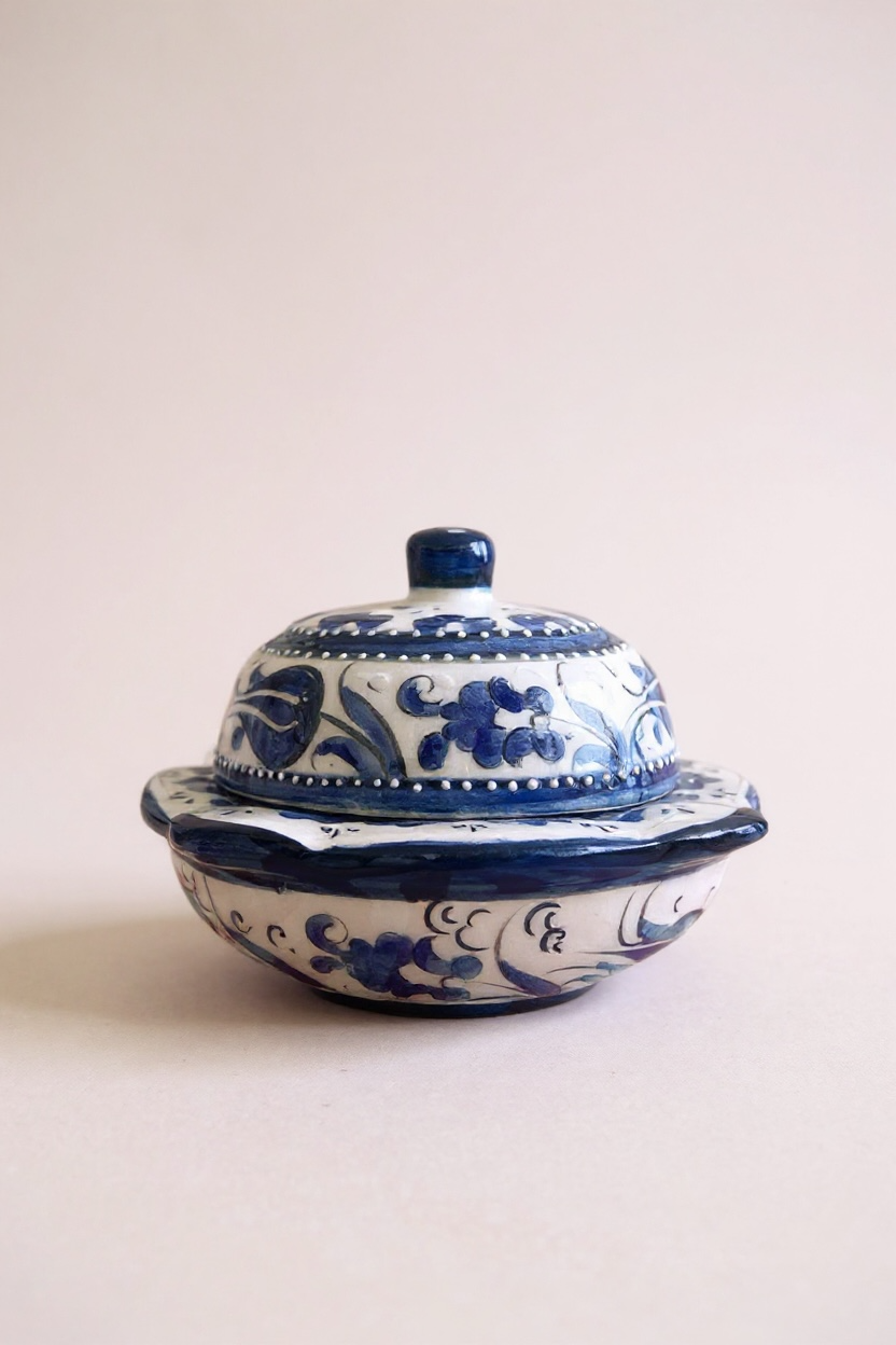 El Yapımı Samur İşçiliği Lacivert Beyaz Kare Şekerlik