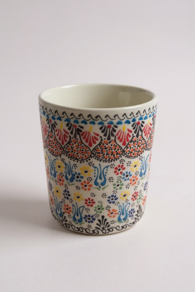 El Yapımı Çiçek Motifli Dekoratif Beyaz Çini Saksı - 15Cm