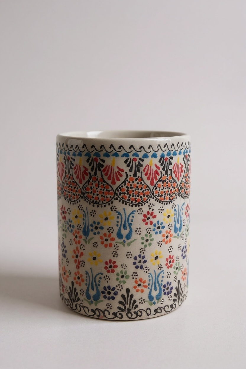 El Yapımı Çiçek Motifli Dekoratif Beyaz Çini Saksı - 15Cm