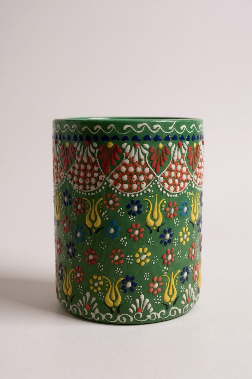 El Yapımı Çiçek Motifli Dekoratif Yeşil Çini Saksı - 15Cm