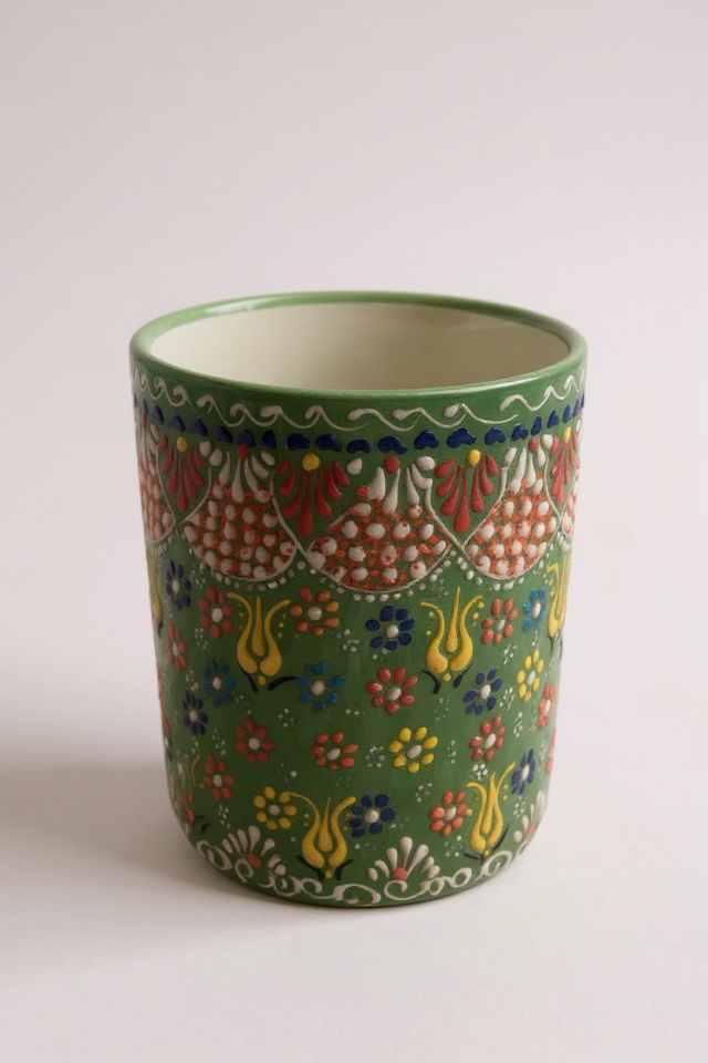 El Yapımı Çiçek Motifli Dekoratif Yeşil Çini Saksı - 15Cm