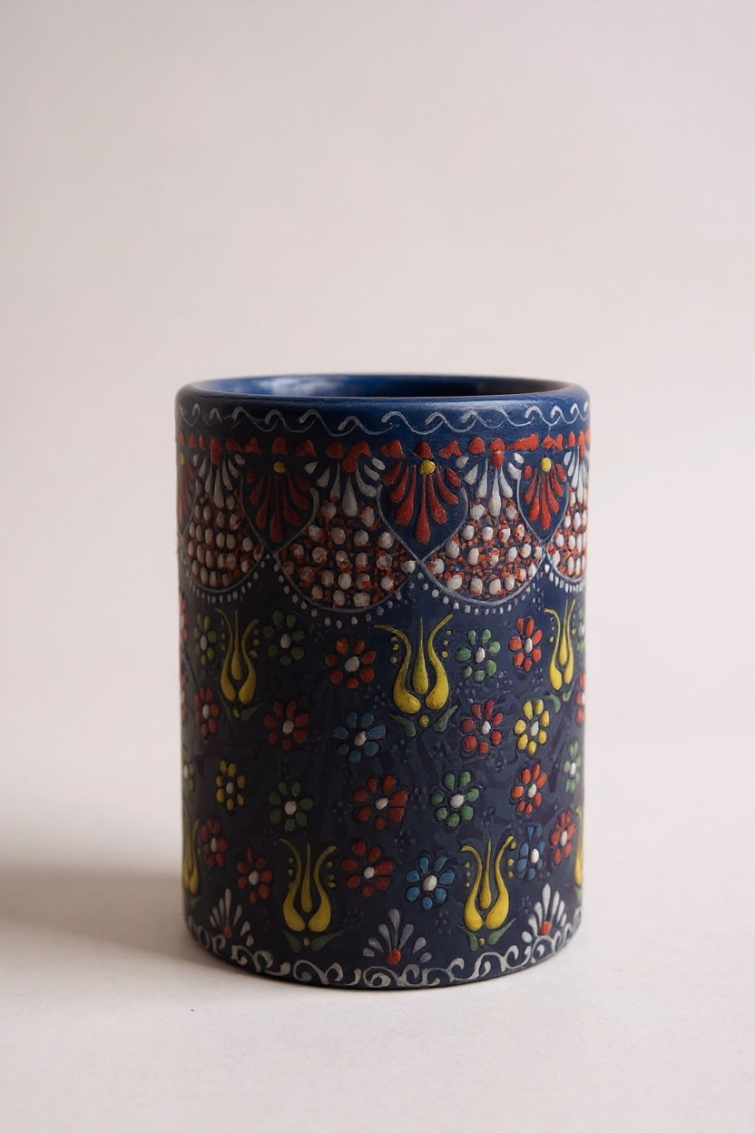 El Yapımı Çiçek Motifli Lacivert Dekoratif Çini Saksı - 15Cm