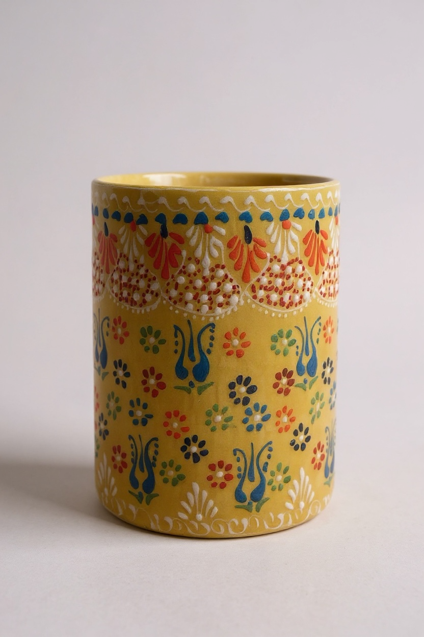 El Yapımı Çiçek Motifli Sarı Dekoratif Çini Saksı