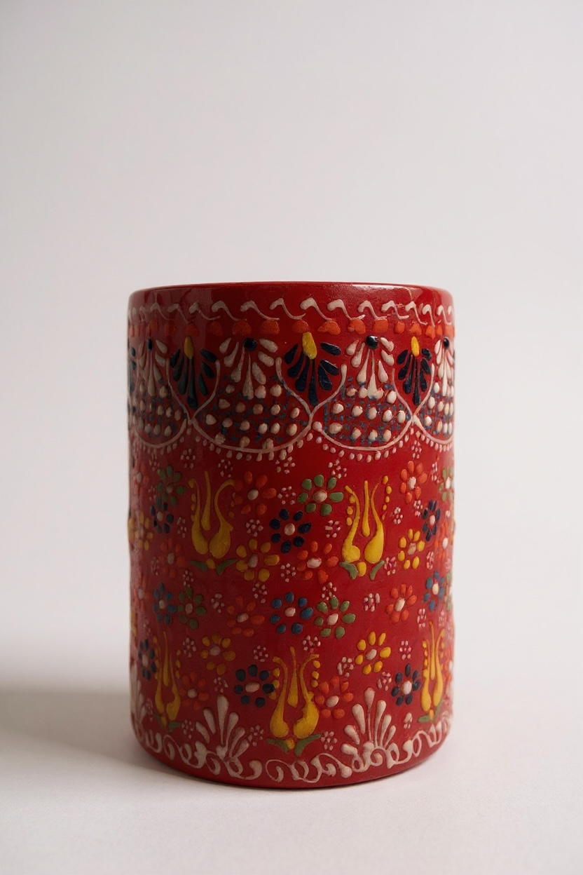 El Yapımı Çiçek Motifli Kırmızı Dekoratif Çini Saksı