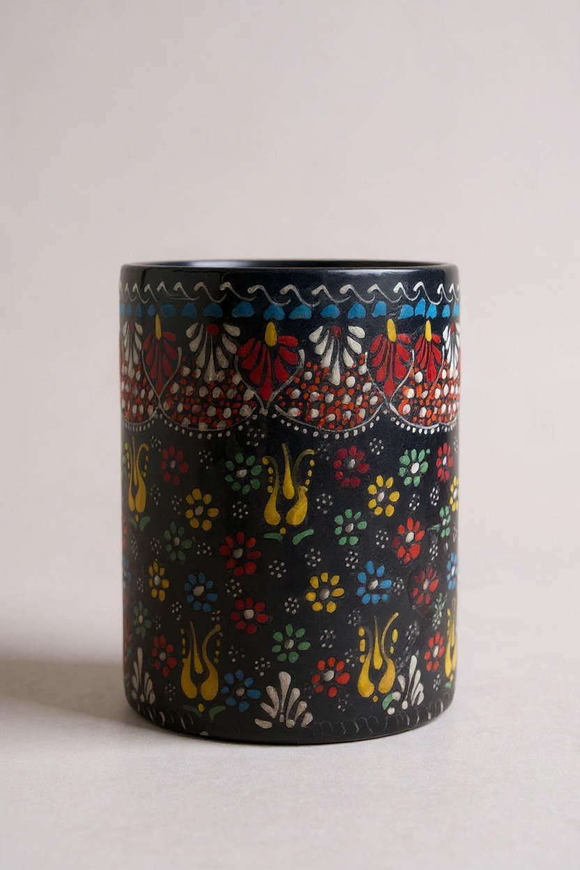 El Yapımı Çiçek Motifli Siyah Dekoratif Çini Saksı