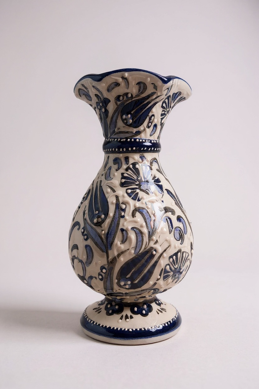 El Yapımı 20Cm Mavi Beyaz Samur İşçiliği Çini Sümbül Vazo