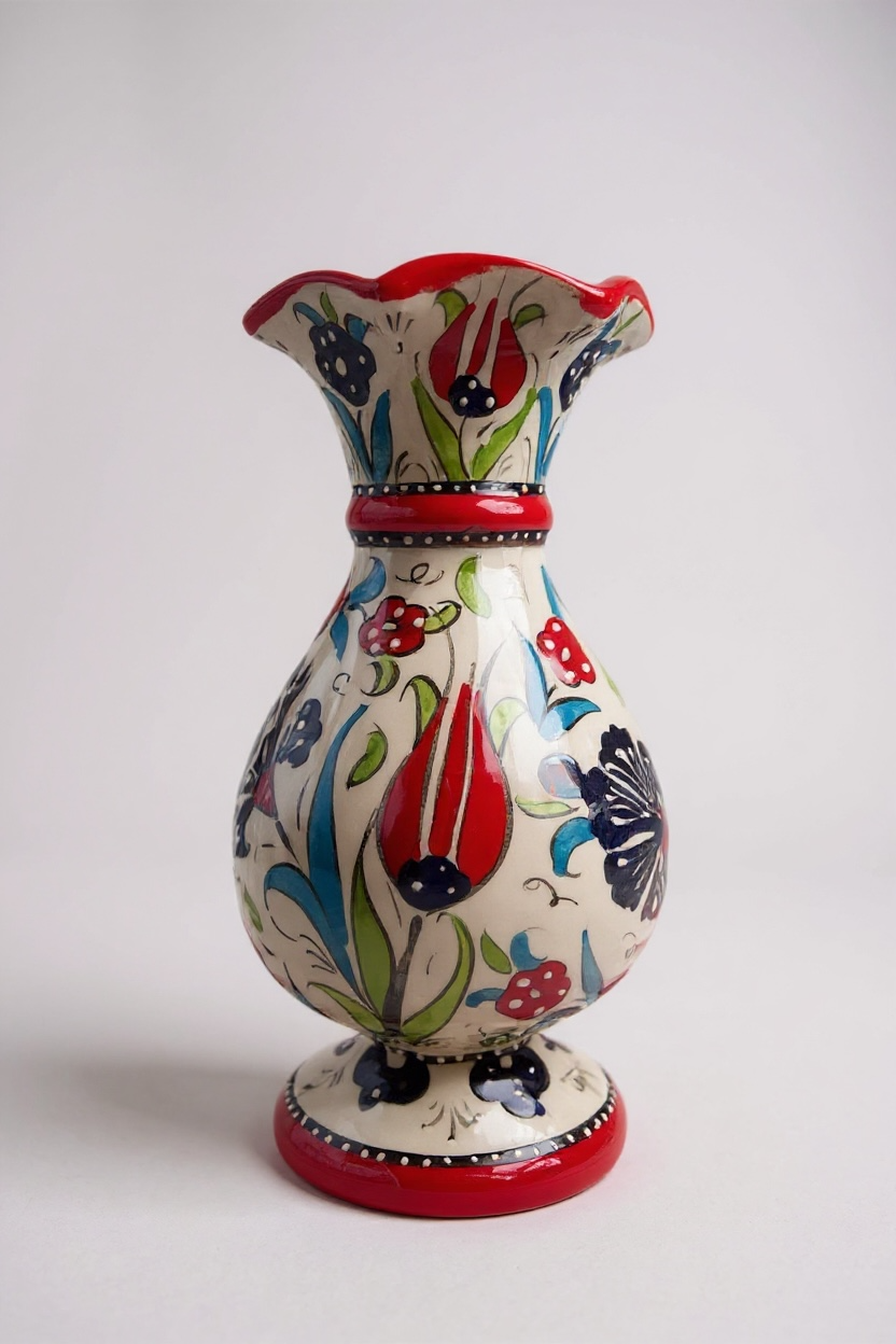 El Yapımı 20Cm Kırmızı  Samur İşçiliği Sümbül Çini Vazo