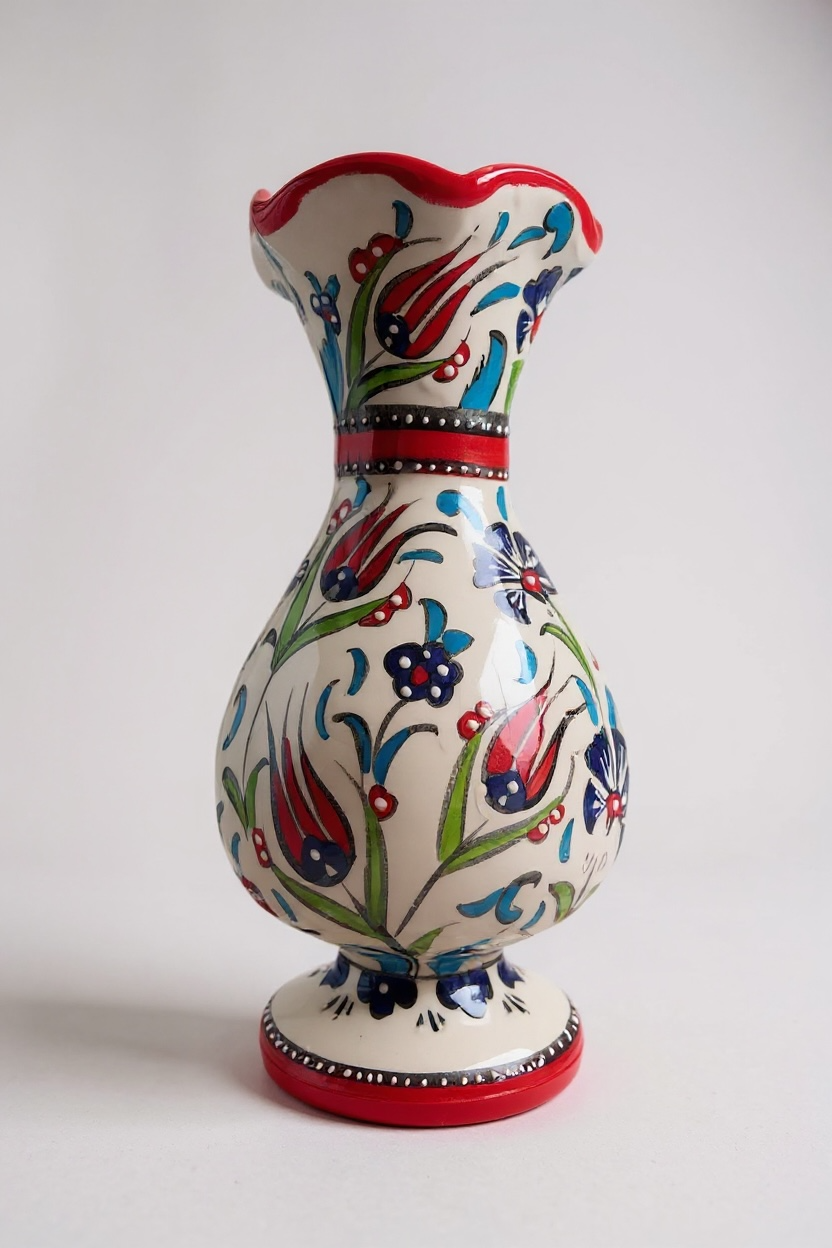 El Yapımı 25Cm Samur İşçiliği Kırmızı Çini Sümbül Vazo