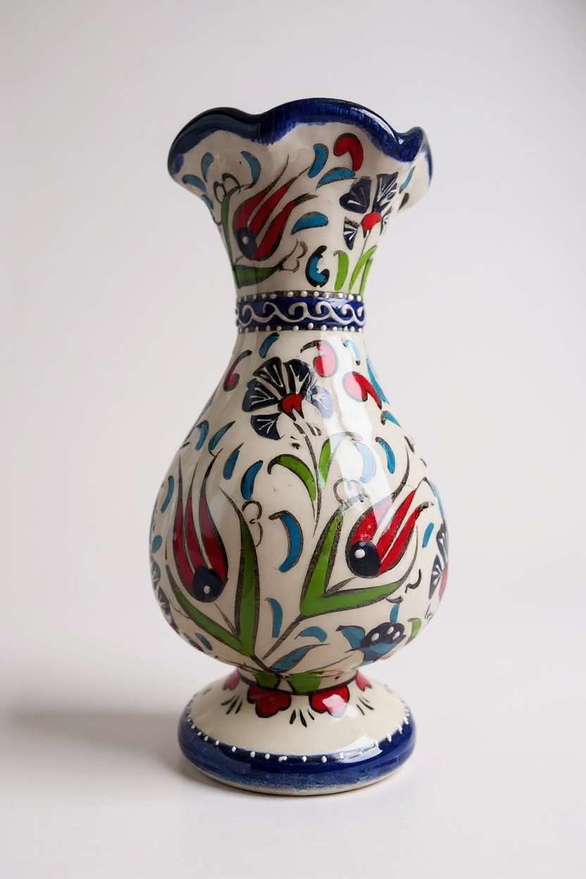 El Yapımı 25Cm Samur İşçiliği Mavi Sümbül Çini Vazo