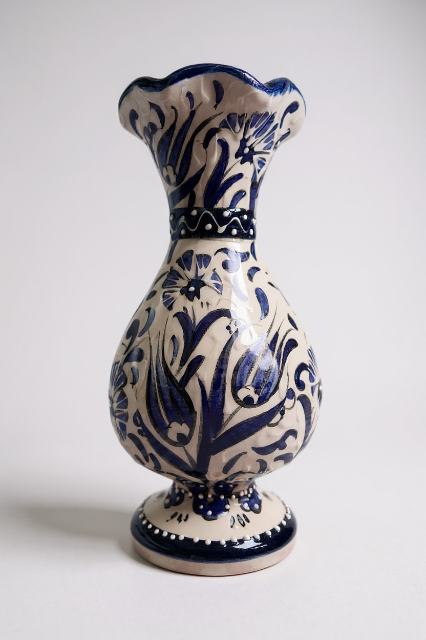 El Yapımı Samur İşçiliği 25Cm Mavi Beyaz Sümbül Çini Vazo