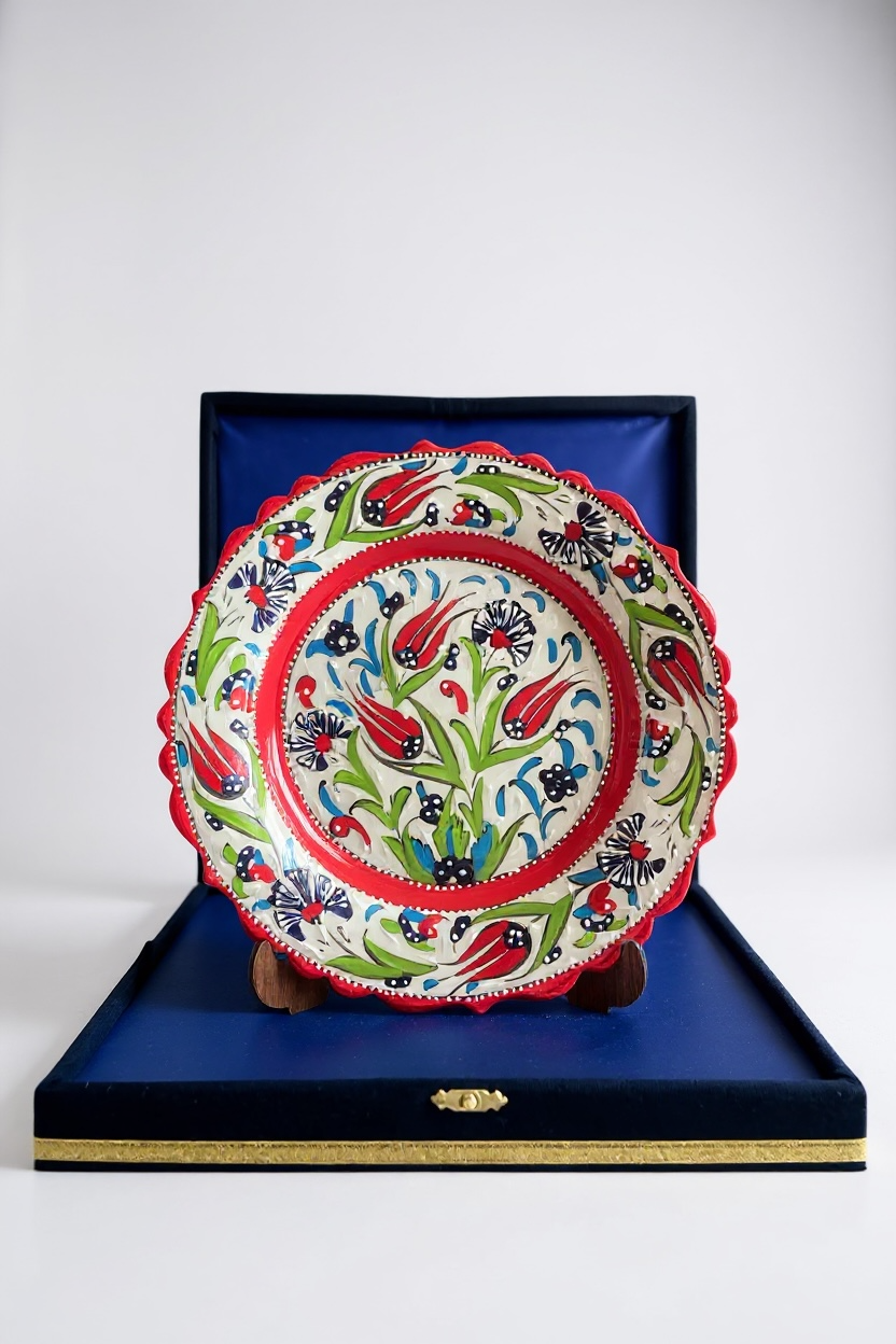 El Yapımı Kadife Kutulu Samur İşçiliği 25Cm Kırmızı Hediyelik Çini Tabak