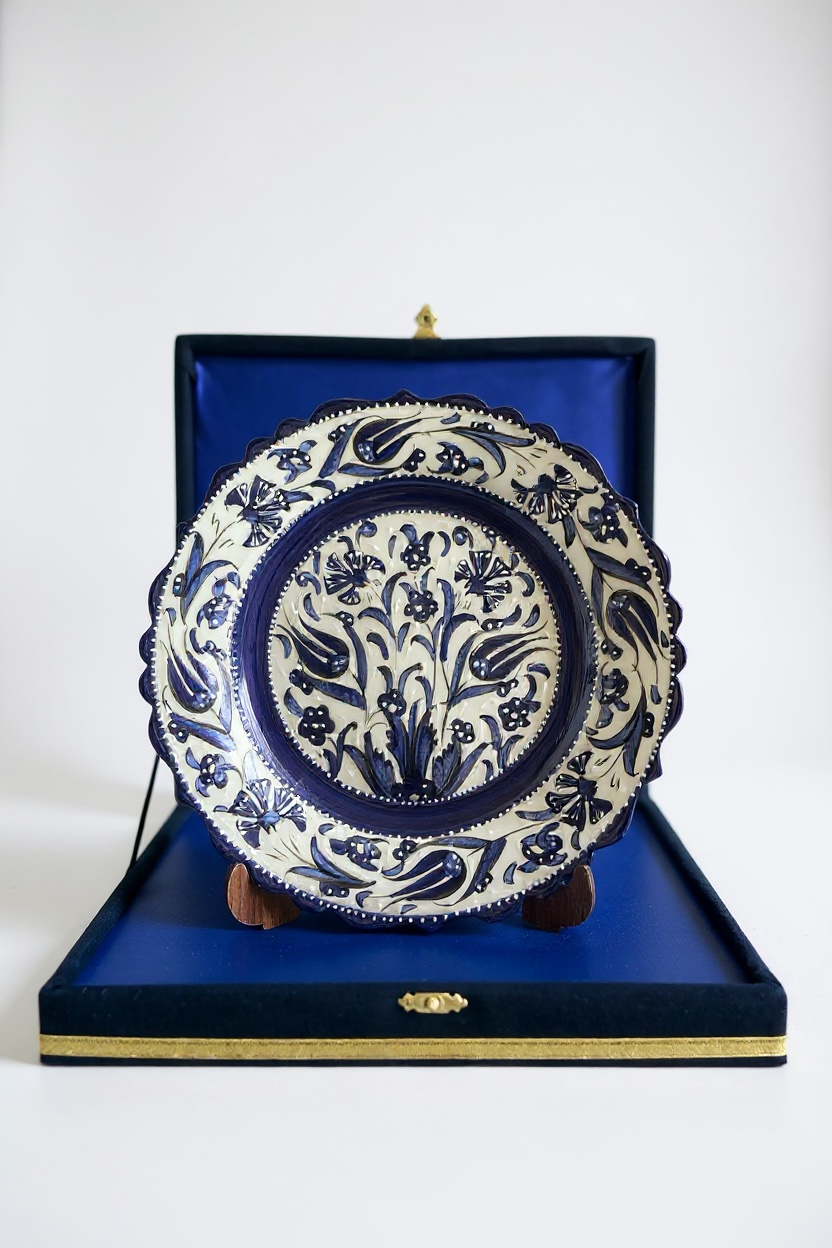 El Yapımı Kadife Kutulu Samur İşçiliği 25Cm Mavi Beyaz Hediyelik Çini Tabak