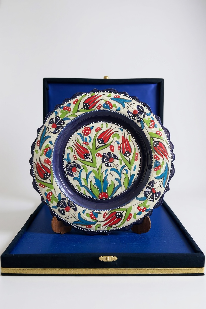 El Yapımı Kadife Kutulu 25Cm Samur İşçiliği Mavi Hediyelik Çini Tabak