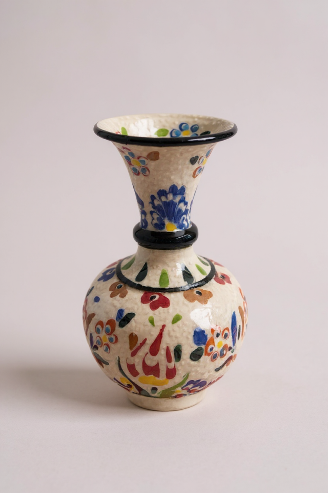 El Yapımı Çark İşi 15Cm Geniş Ağızlı Çini Vazo - No:1