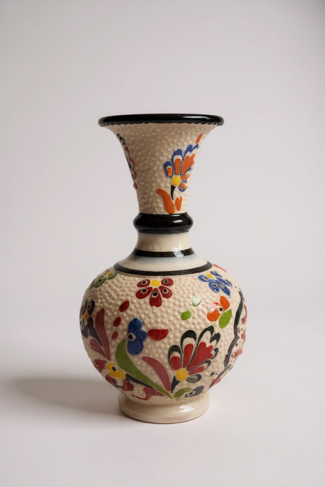 El Yapımı Çark İşi 15Cm Geniş Ağızlı Çini Vazo - No:2