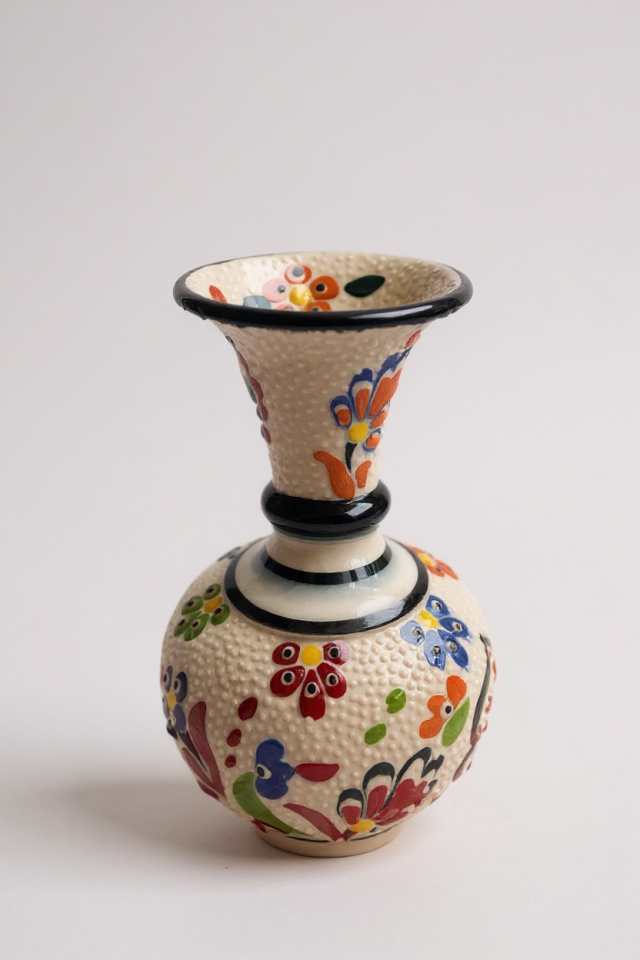 El Yapımı Çark İşi 15Cm Geniş Ağızlı Çini Vazo - No:2