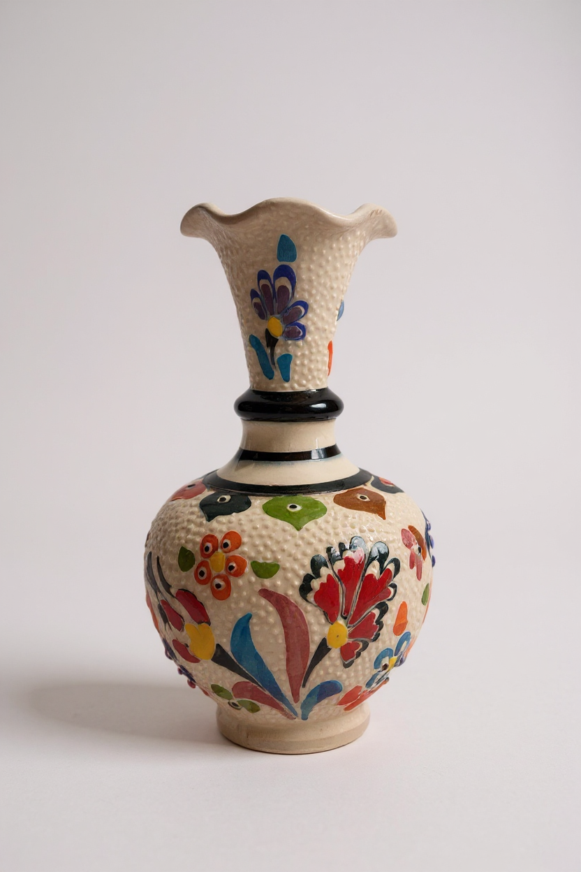 El Yapımı Çark İşi 15Cm Geniş Ağızlı Çini Vazo - No:3