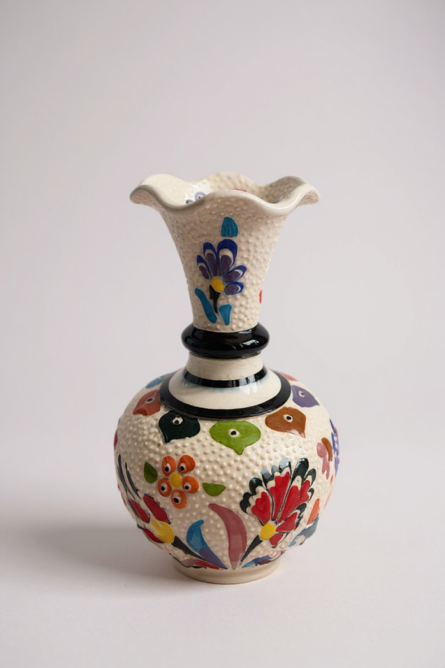 El Yapımı Çark İşi 15Cm Geniş Ağızlı Çini Vazo - No:3