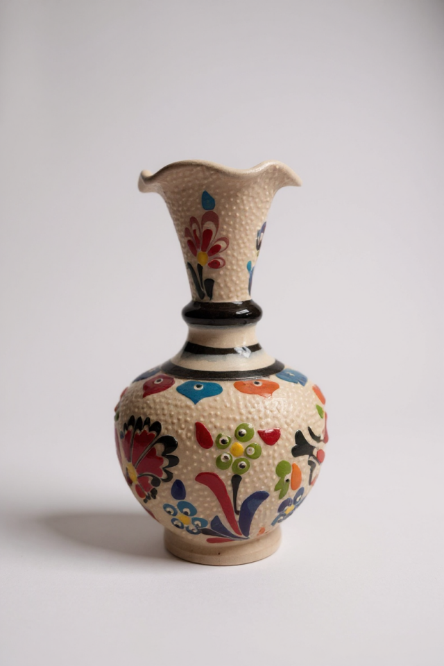 El Yapımı Çark İşi 15Cm Geniş Ağızlı Çini Vazo - No:3