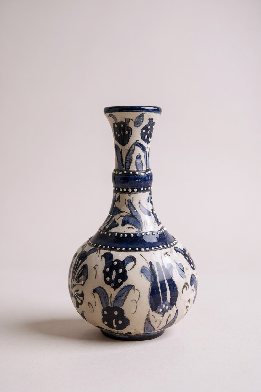 El Yapımı Samur İşçiliği Mavi Beyaz 15Cm Gözyaşı Çini Vazo