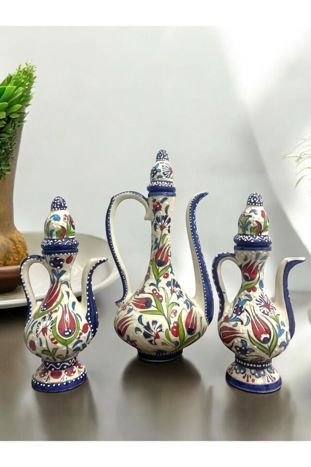 6 Parçalı El Yapımı Çini İbrik Seti – Zarif Osmanlı Desenli Dekoratif Takım