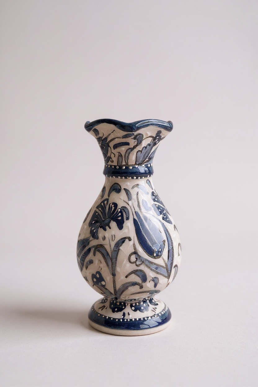 El Yapımı Samur İşçiliği 15Cm Mavi Beyaz Sümbül Çini Vazo