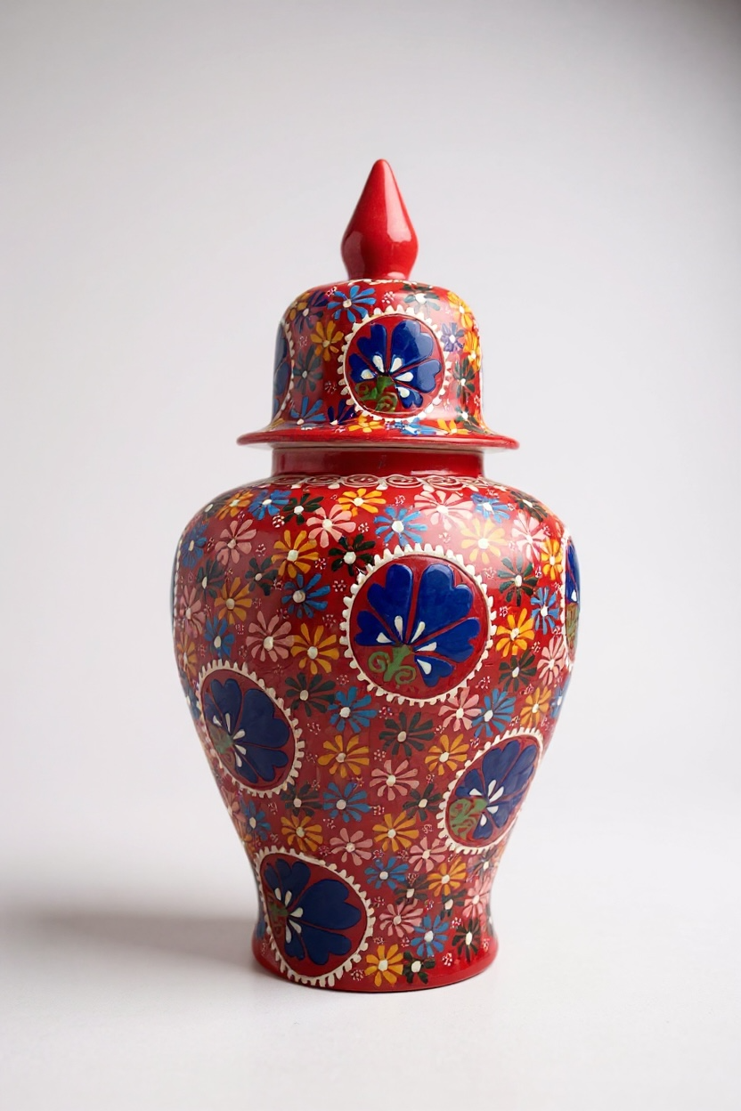 El Yapımı 40Cm Kırmızı Şah Küp Çini Vazo