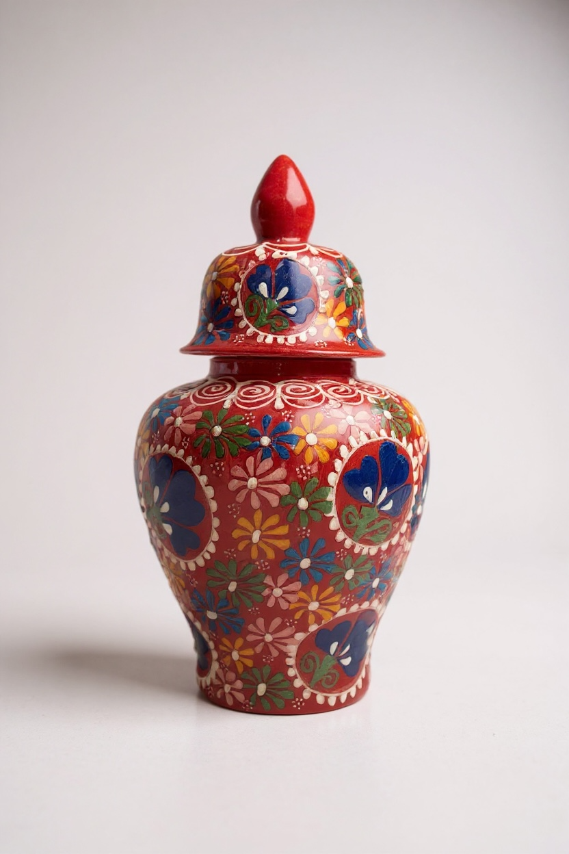 El Yapımı 25Cm Çiçek Motifli Kırmızı Şah Küp Çini Vazo