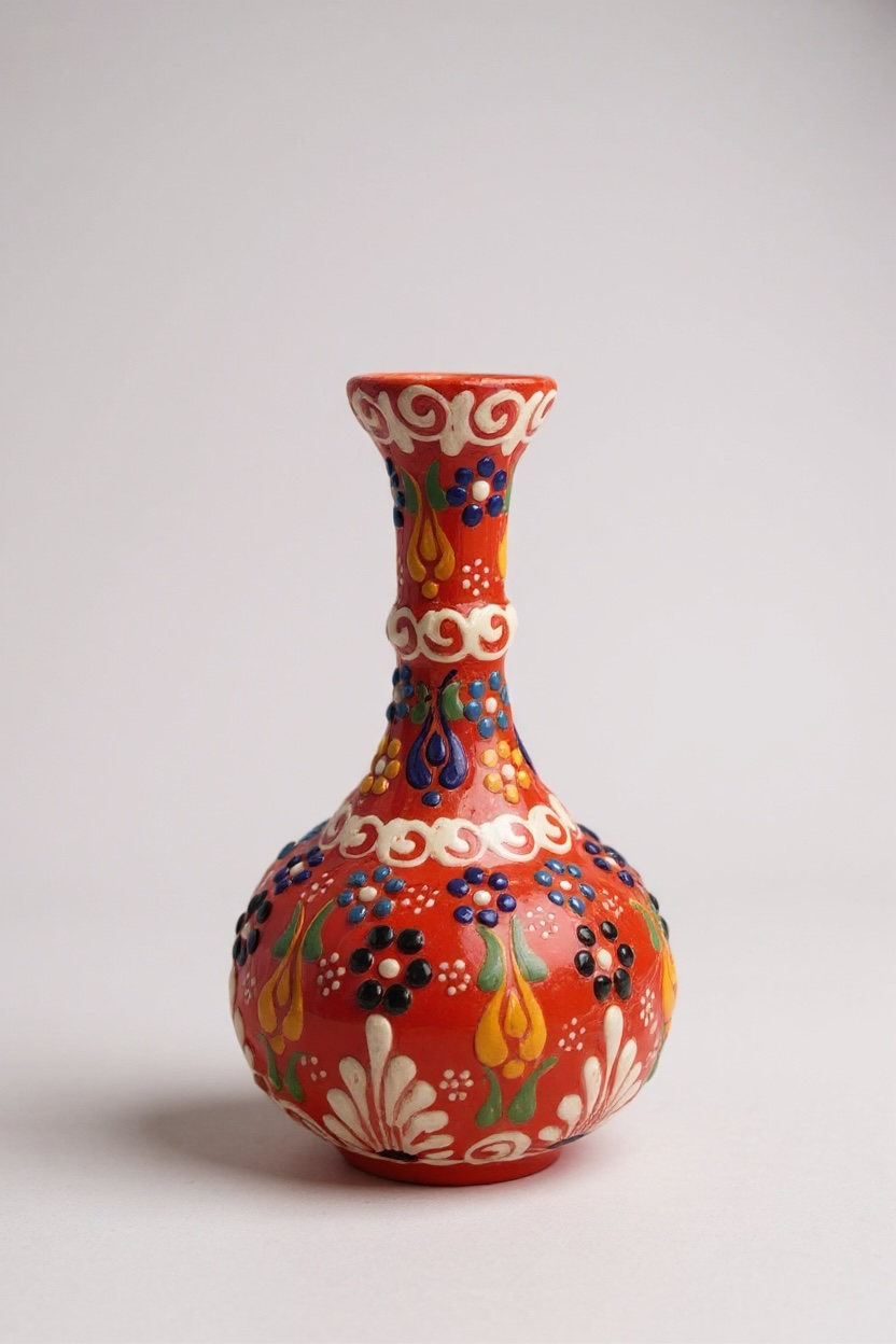 El Yapımı 15Cm Çiçek Motifli Turuncu Gözyaşı Çini Vazo