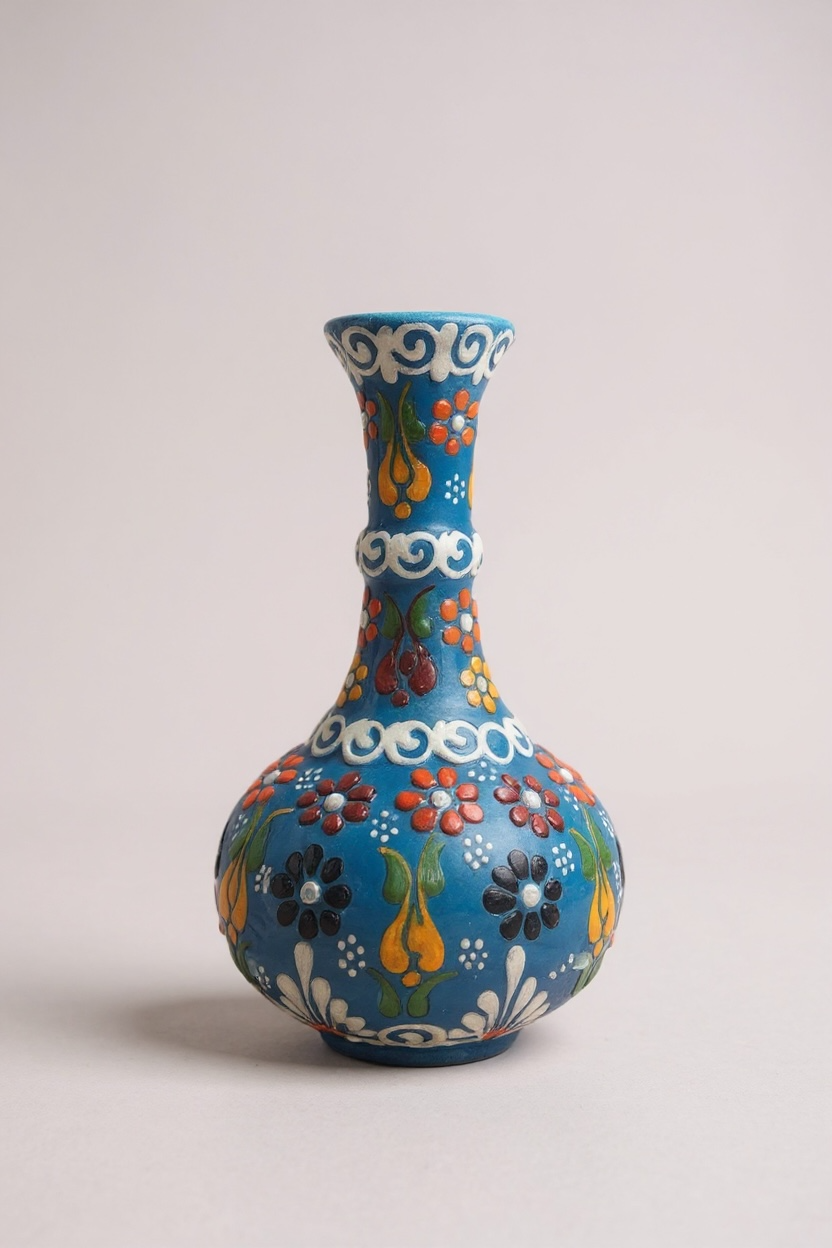 El Yapımı 15Cm Çiçek Motifli Açık Mavi Gözyaşı Çini Vazo