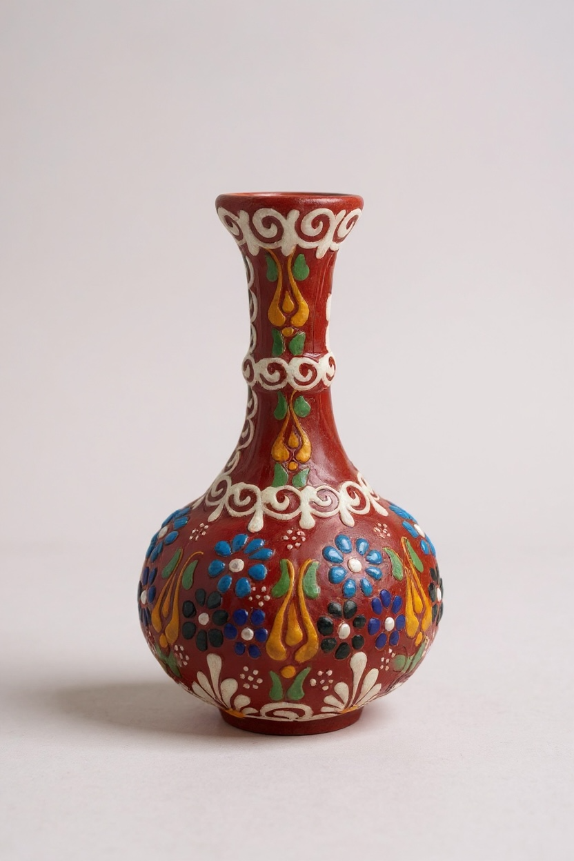 El Yapımı 15Cm Çiçek Motifli Kırmızı Gözyaşı Çini Vazo