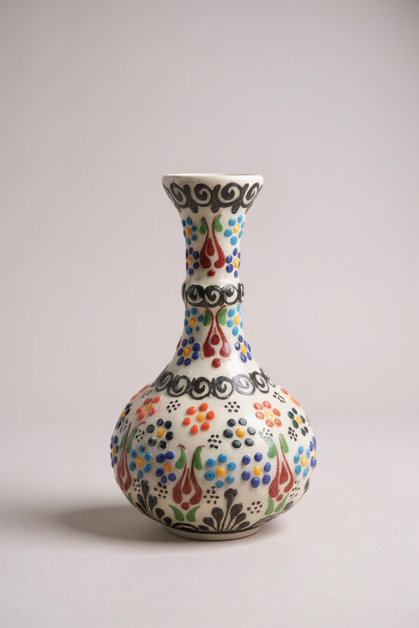 El Yapımı 15Cm Çiçek Motifli Beyaz Gözyaşı Çini Vazo