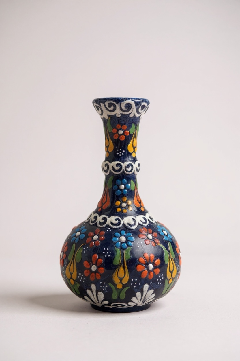El Yapımı 15Cm Çiçek Motifli Lacivert Gözyaşı Çini Vazo