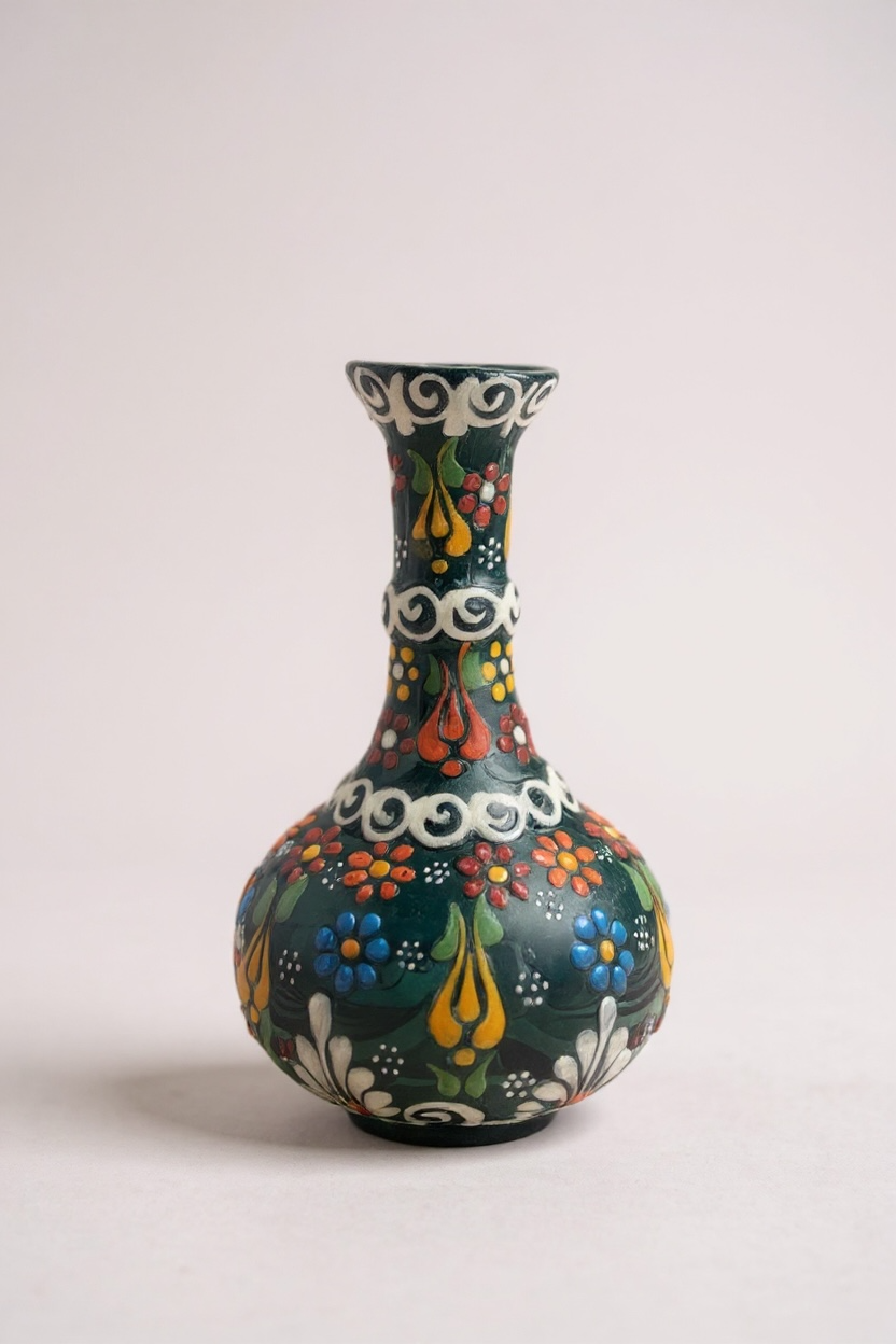 El Yapımı 15Cm Çiçek Motifli Koyu Yeşil Gözyaşı Çini Vazo