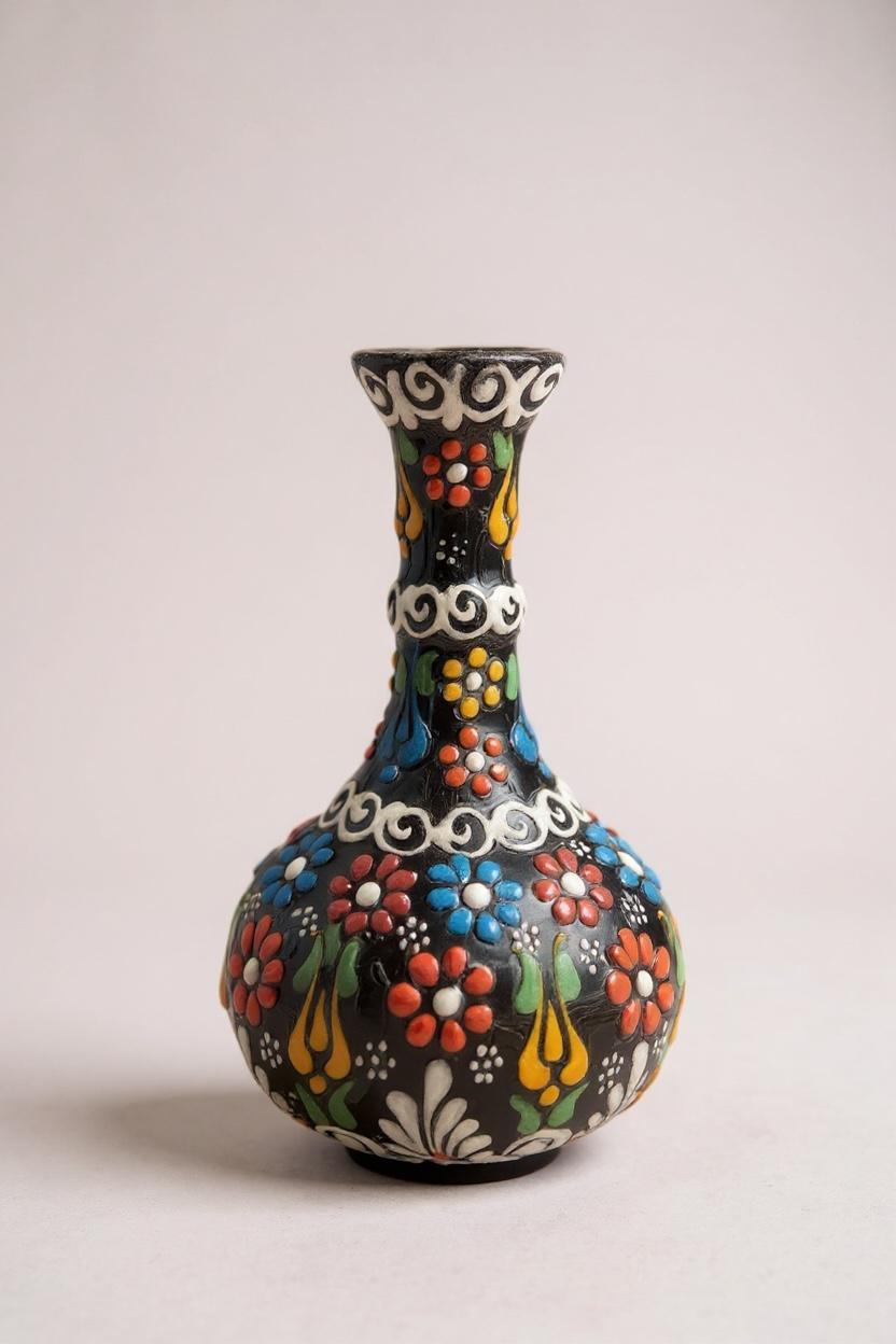 El Yapımı 15Cm Çiçek Motifli Siyah Gözyaşı Çini Vazo