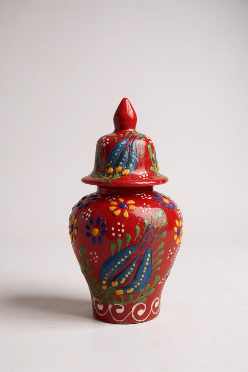 El Yapımı Lale Motifli 15Cm Kırmızı Şah Küp Çini Vazo